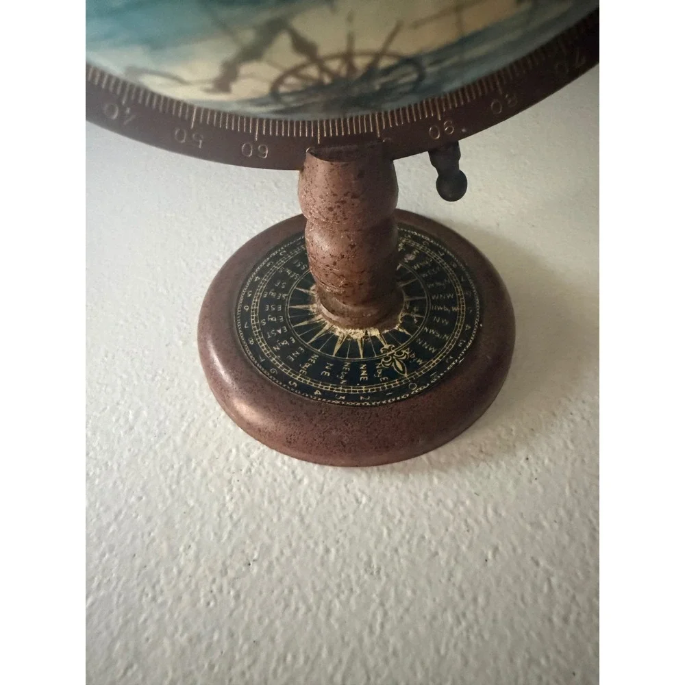 Vintage Nautical Desk Globe Wooden Base Tall Ship Illustration Copper Meridian